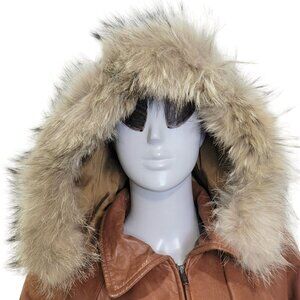 Vintage 80s Damselle Leather Jacket Women XS Fur Trim Hood Parka Coat Brown Fall